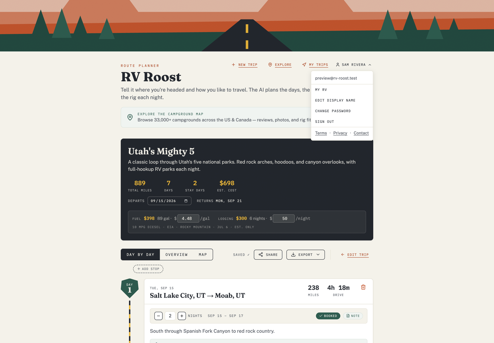 The account menu in RV Roost, with My RV, edit display name, change password, and sign out.