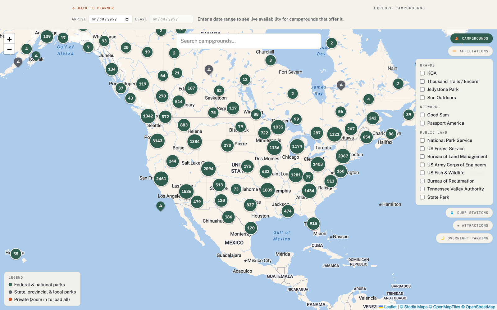 The Explore map with the Affiliations filter active, narrowing campgrounds to brand and membership networks.