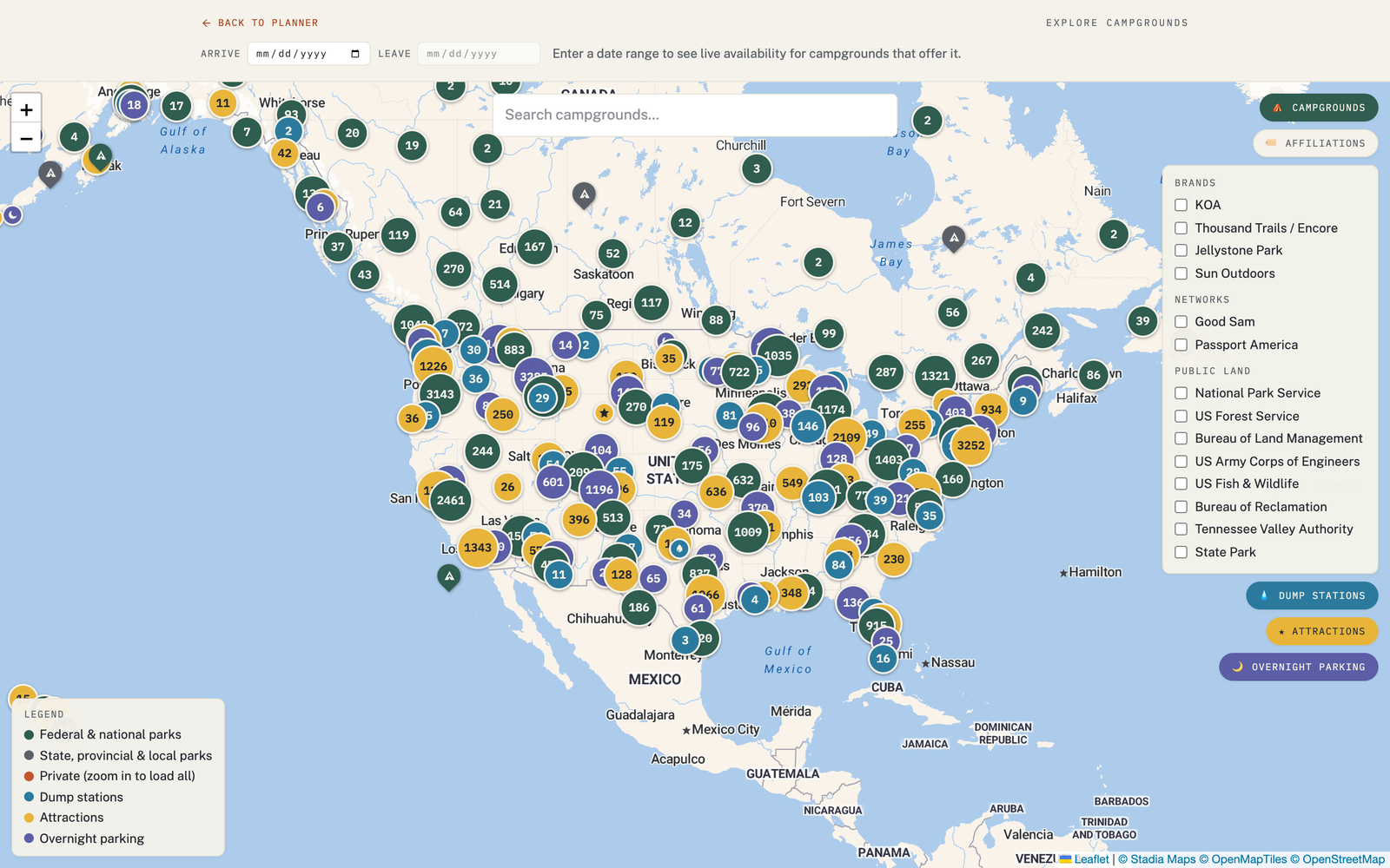The RV Roost Explore map with the Attractions layer turned on, showing curated points of interest.