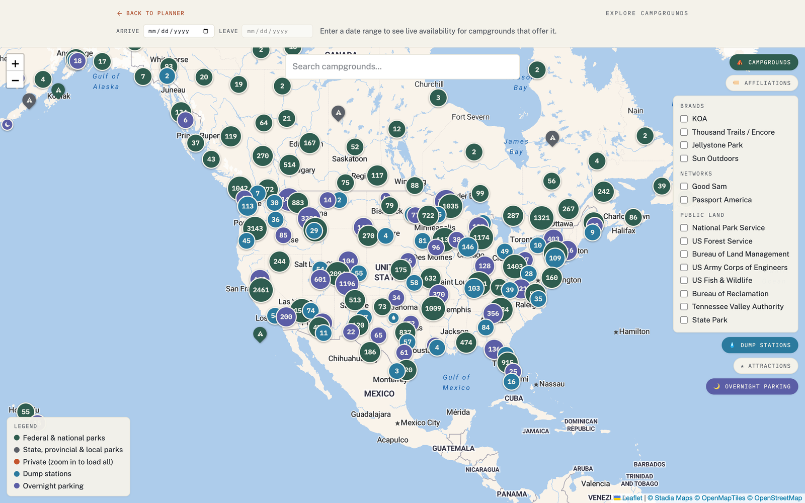 The RV Roost Explore map with the Dump stations and Overnight parking layers turned on.