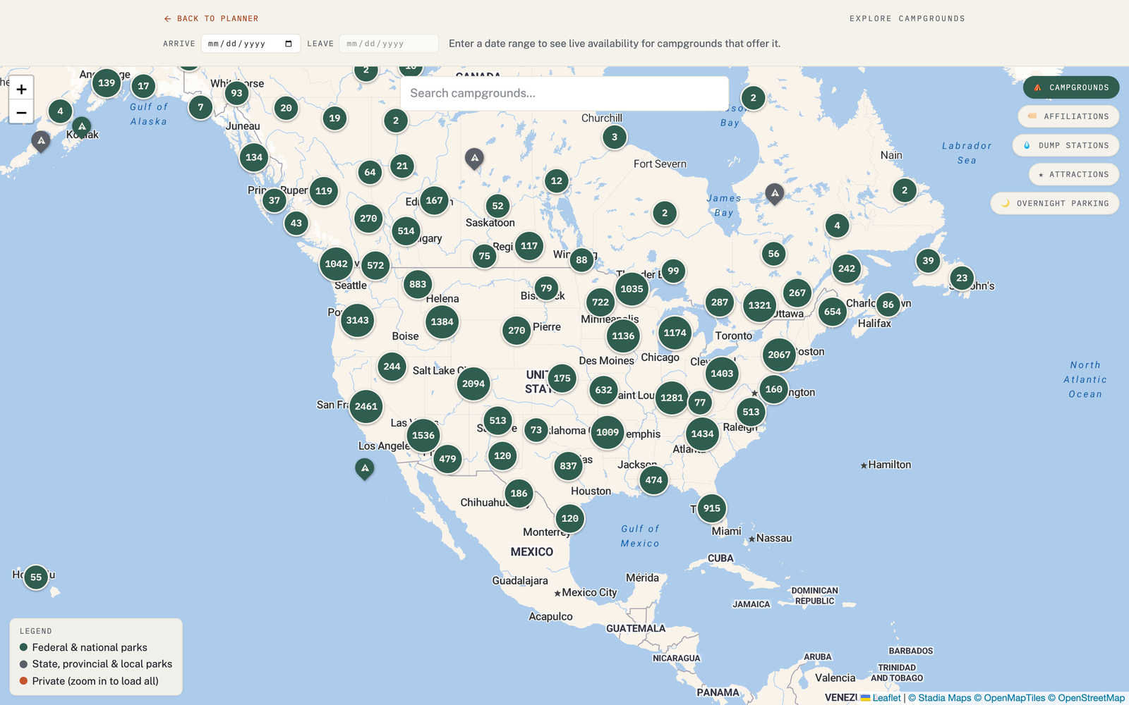 The RV Roost Explore map, showing campgrounds you can browse and filter by type and network.