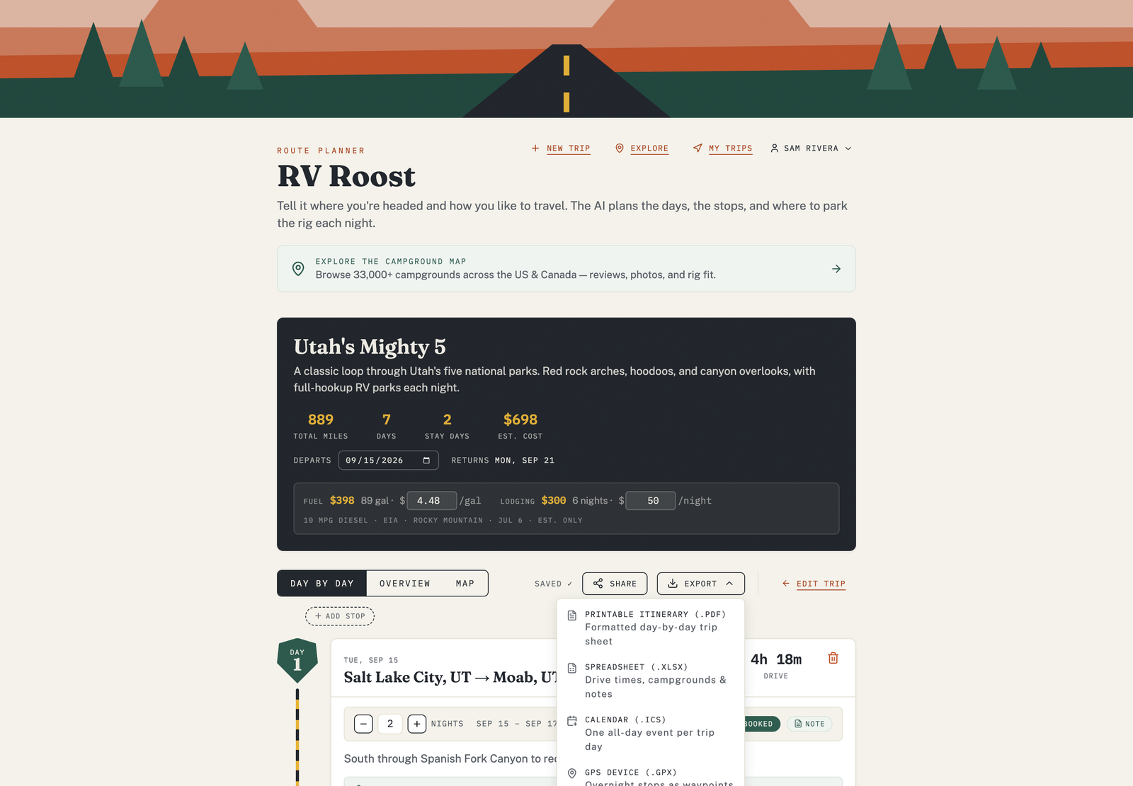 The Export menu in RV Roost offering PDF, spreadsheet (XLSX), calendar (ICS), and GPS (GPX) formats.