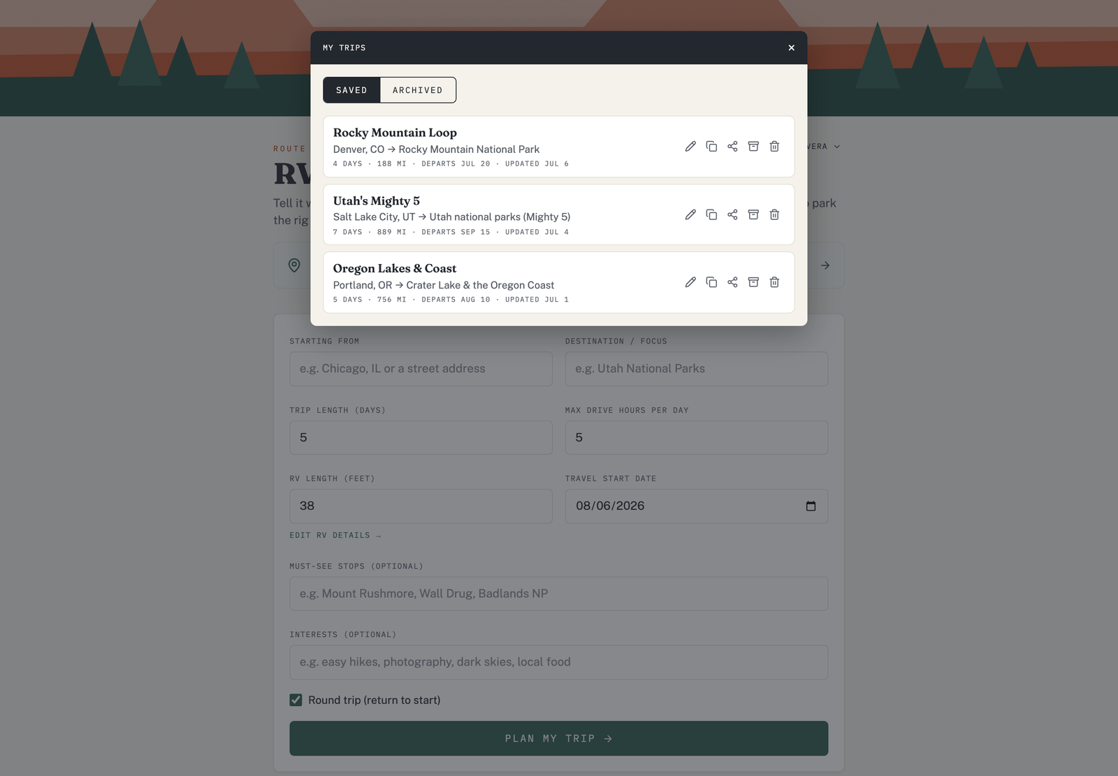 The My Trips list in RV Roost, showing saved trips you can open, rename, duplicate, or delete.