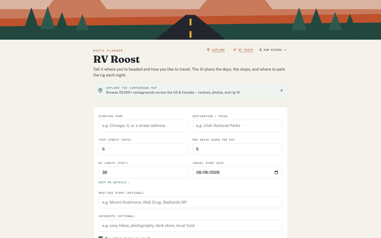 The RV Roost route planner form, with fields for a starting point, destination, trip length in days, and maximum drive hours per day.