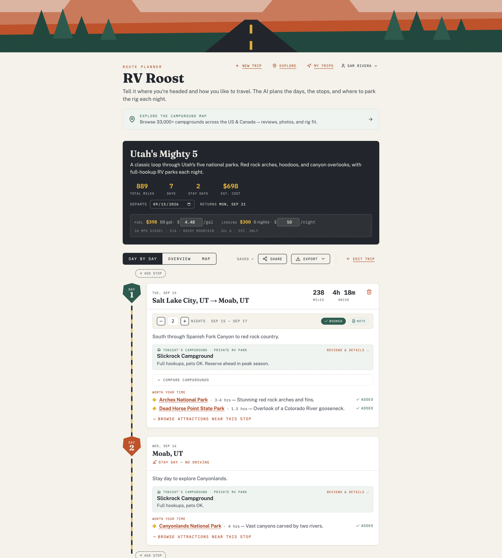 A finished RV Roost itinerary — a day-by-day plan with drive distances, overnight campgrounds, and stops along the way.