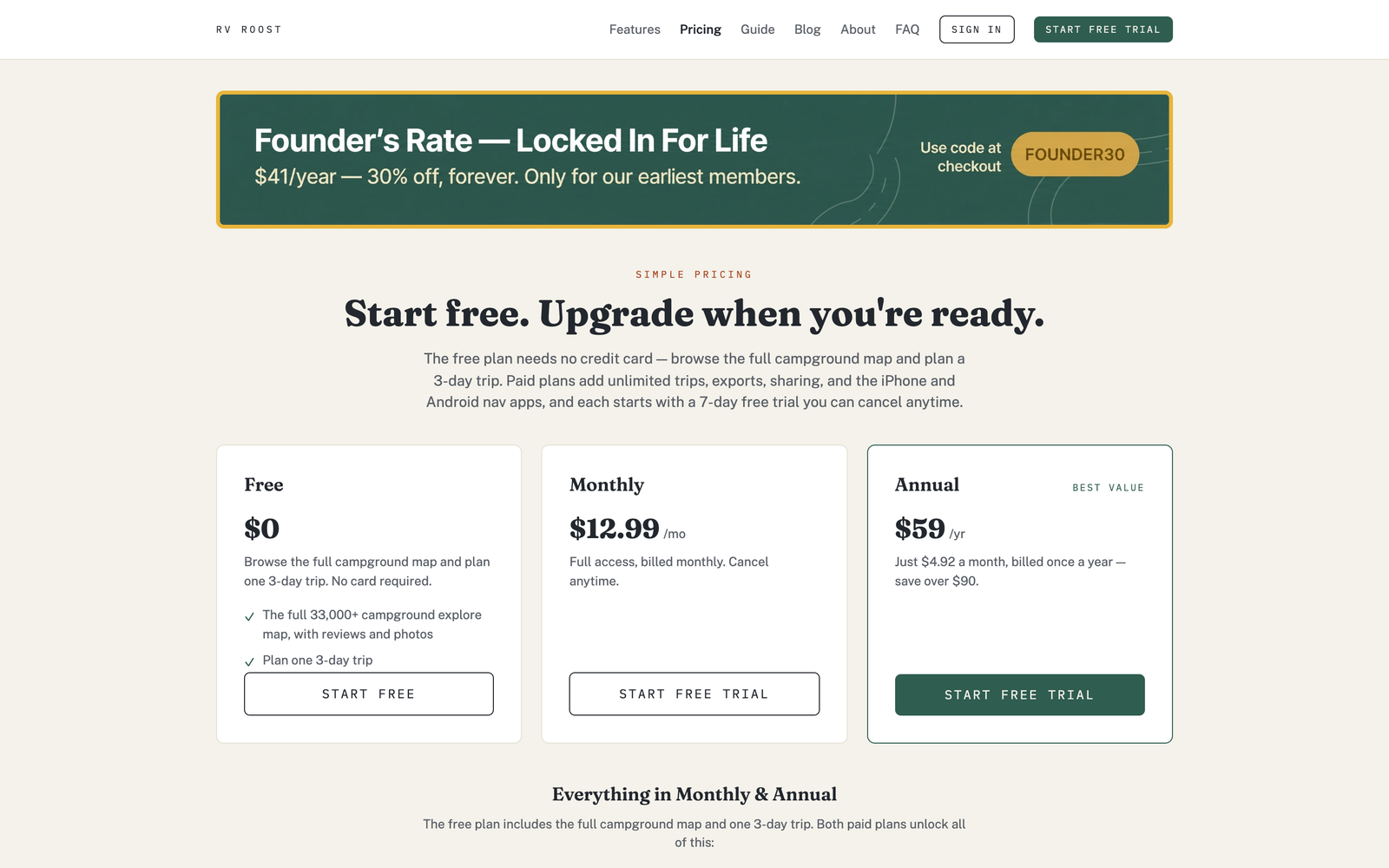 The RV Roost pricing page showing the Free, Monthly, and Annual plans side by side.