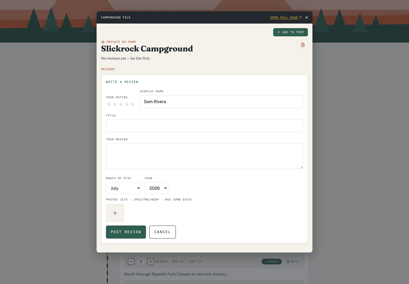 The campground review form: a star rating, display name, title, review text, month and year of stay, and photo uploads.