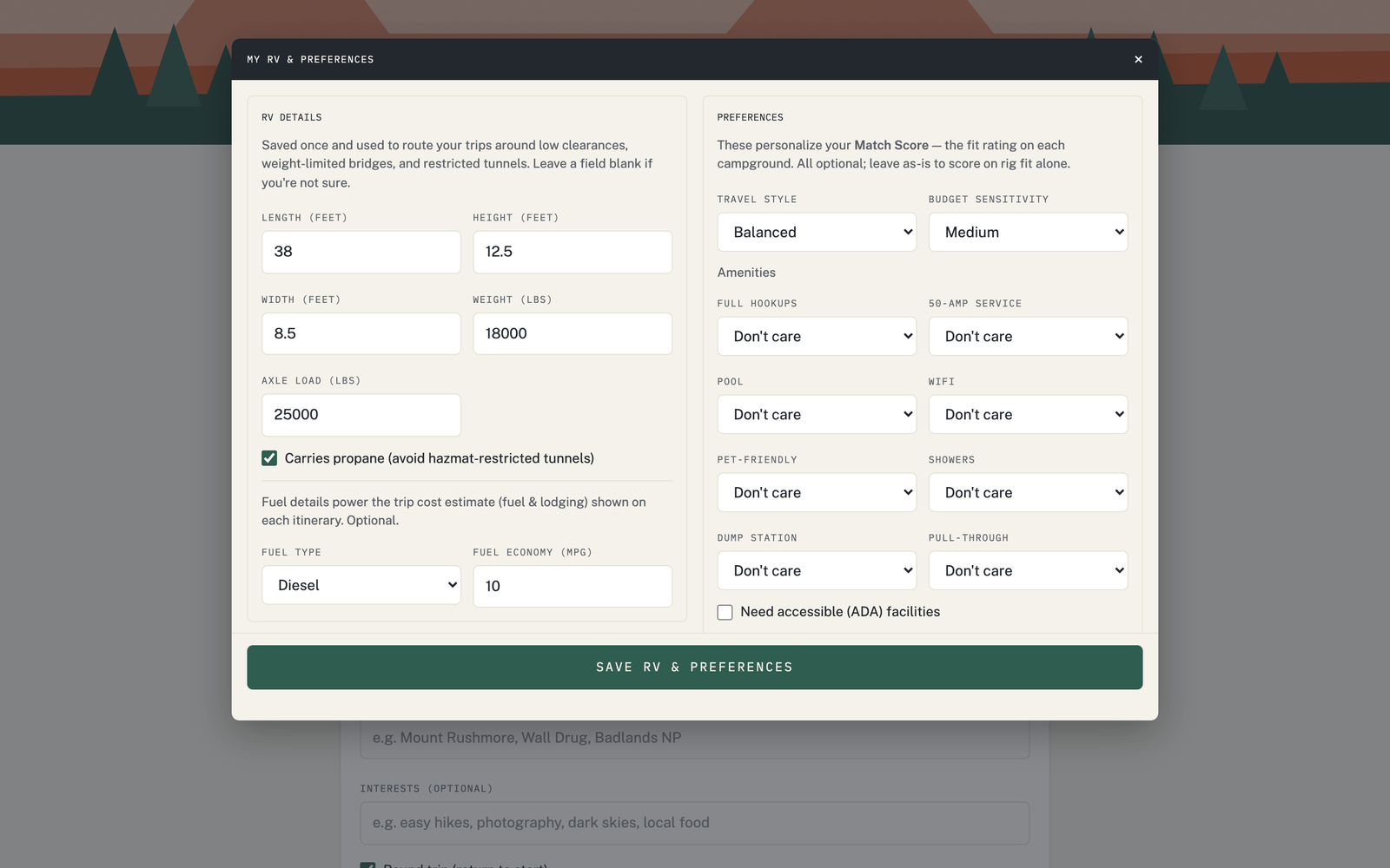 The My RV & Preferences form: on the left, rig details — length, height, width, weight, axle load, a "carries propane" toggle, and fuel type and MPG; on the right, Match Score preferences for travel style, budget sensitivity, and each amenity.