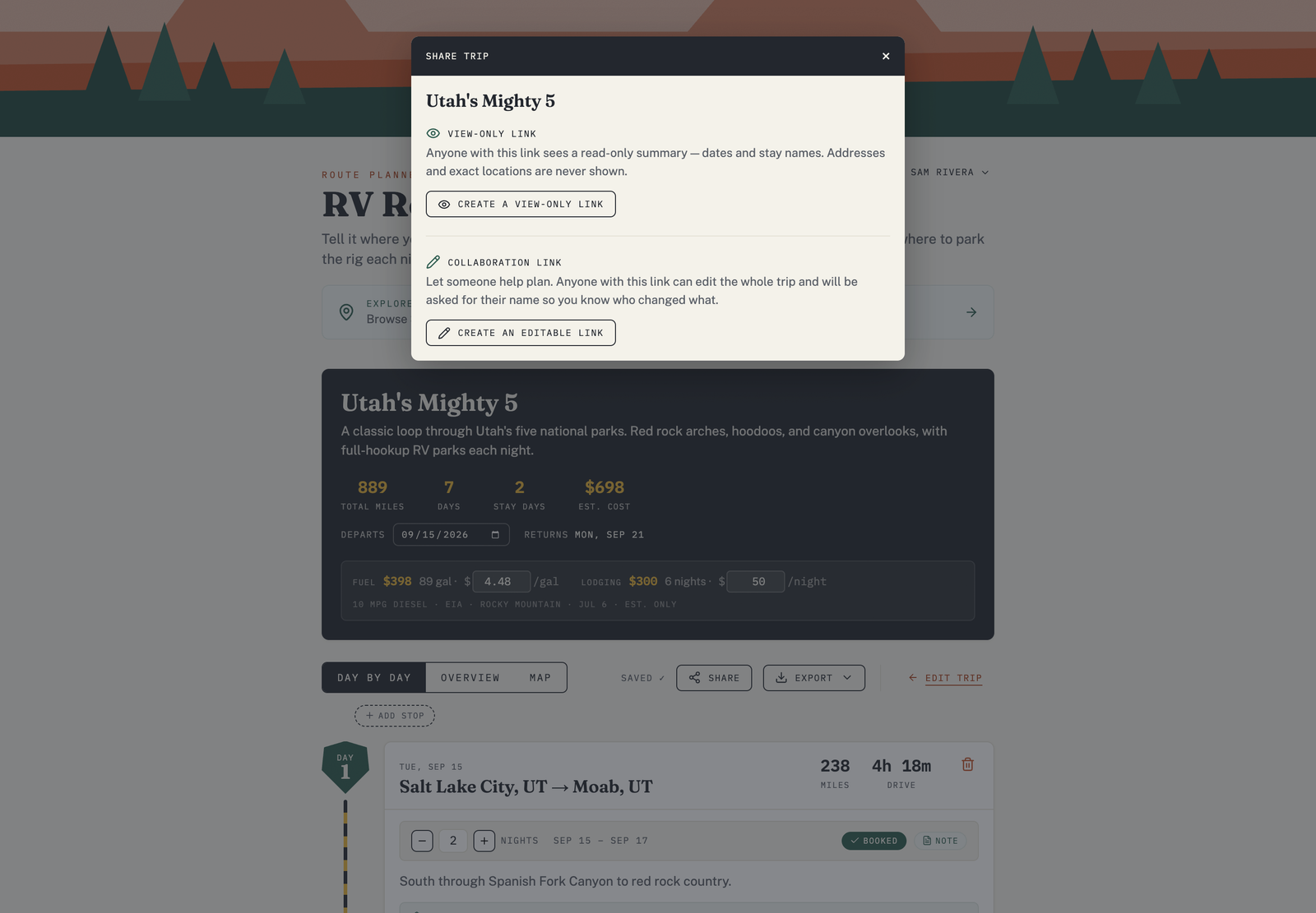 The Share trip dialog in RV Roost, offering a view-only link and a collaboration link.