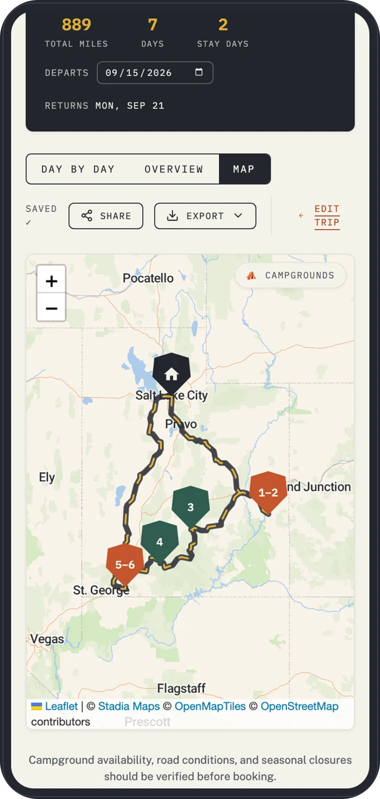 RV Roost trip map showing the full multi-day route looping through Utah with numbered overnight stops.