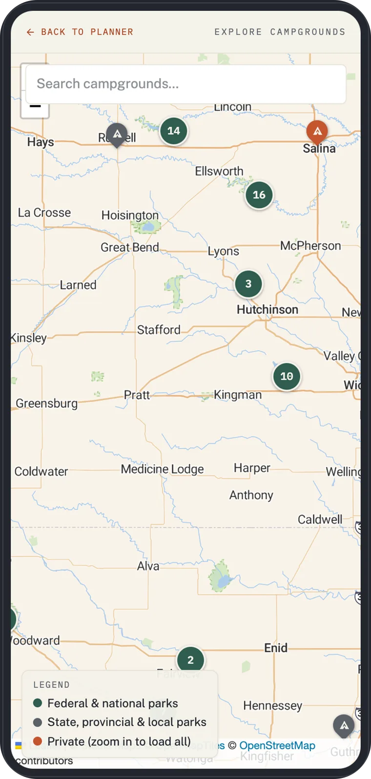 RV Roost campground explorer map with clustered campground markers across a region of the central US.