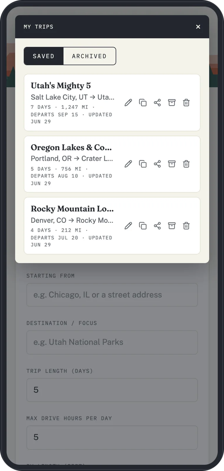 The RV Roost app on a phone, showing the saved trips list — road trips with day counts, mileage, and departure dates, synced from the website.