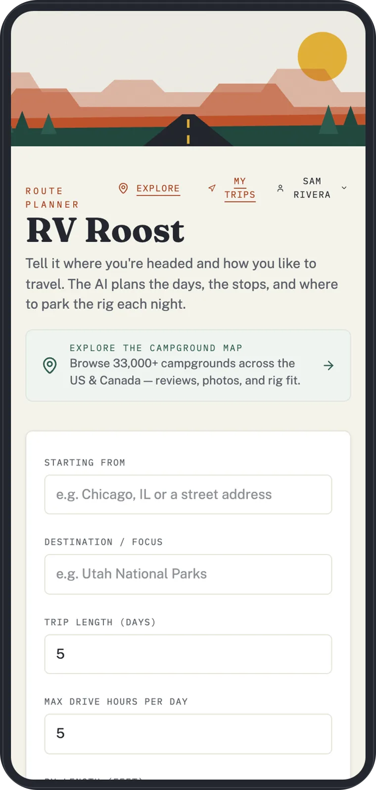 RV Roost trip planner form: starting point, destination, trip length, and drive-hours-per-day inputs.