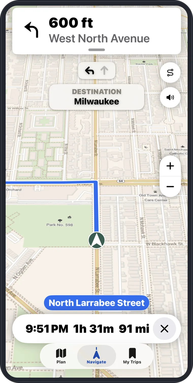 The RV Roost app's turn-by-turn navigation screen on a phone, with the next turn, distance, ETA, and the live route on the map.