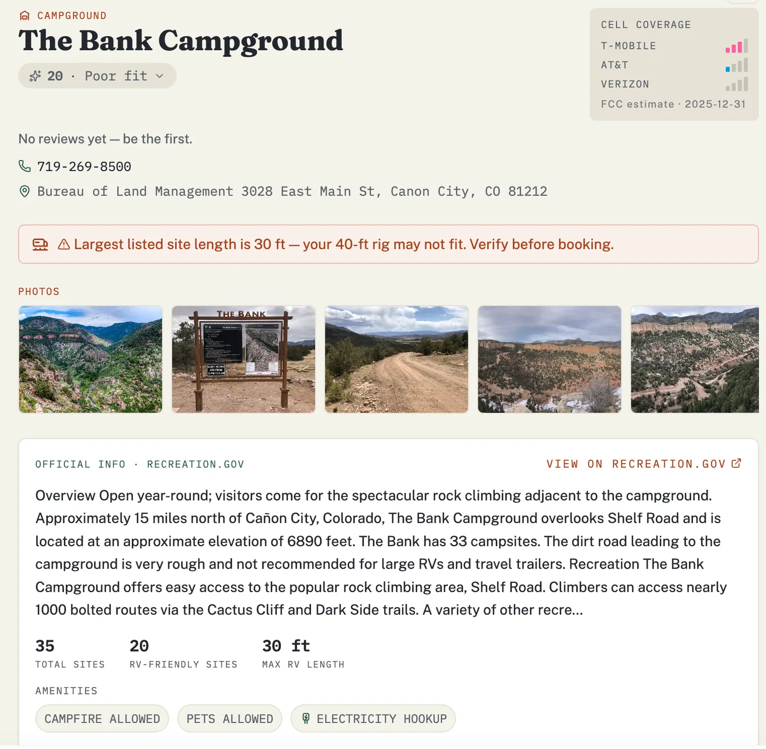 RV Roost campground detail for The Bank Campground: a personalized Match Score (20, Poor fit), a cell-coverage panel with per-carrier T-Mobile, AT&T, and Verizon signal bars from an FCC estimate, a rig-fit warning that the 30-ft max site length may not fit a 40-ft rig, real campground photos, and official Recreation.gov info with total sites, RV-friendly sites, max RV length, and amenities.