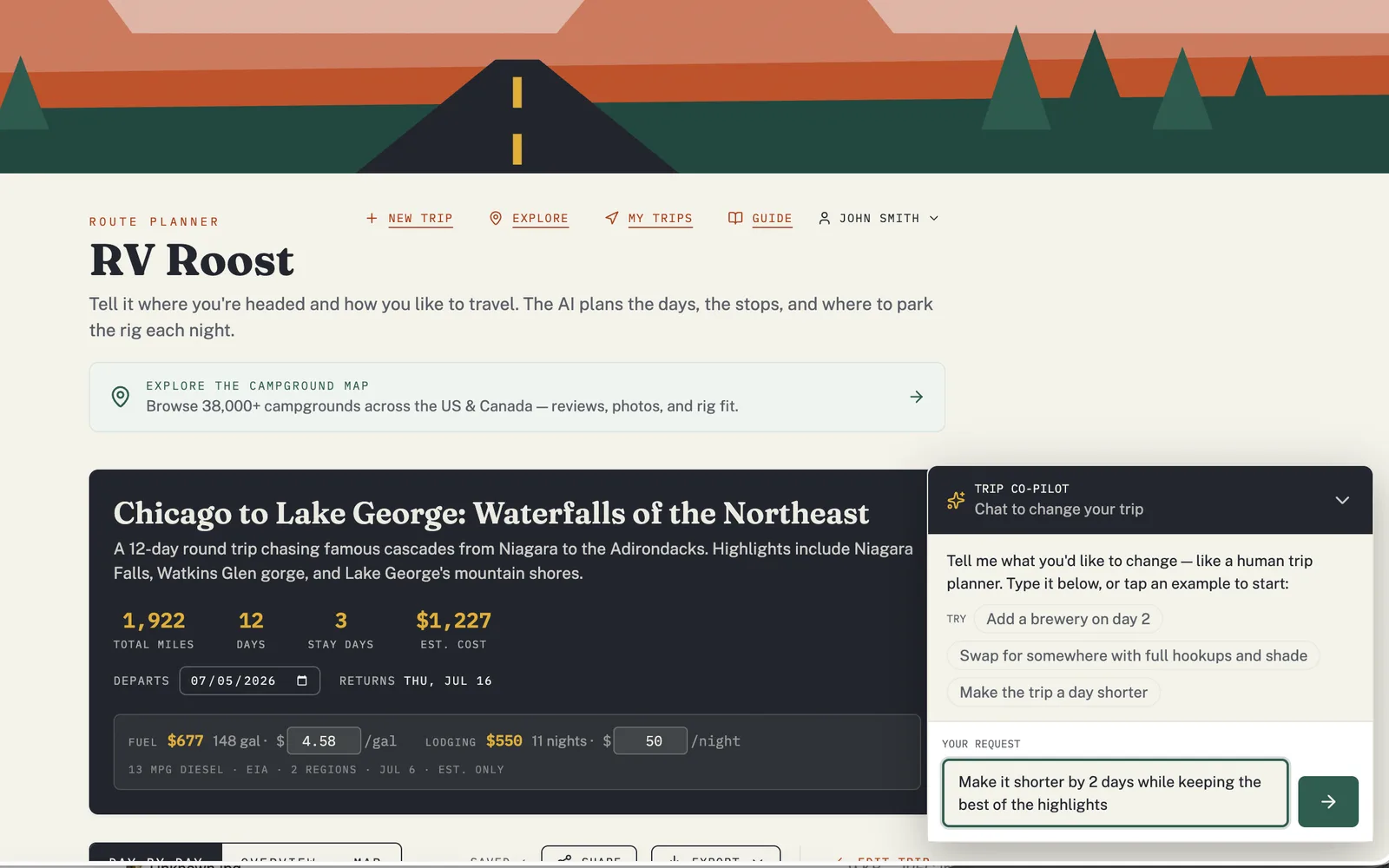 RV Roost web planner with the Trip Co-Pilot panel open beside a Chicago-to-Lake George trip. The co-pilot says “Tell me what you'd like to change — like a human trip planner” with example prompts: Add a brewery on day 2, Swap for somewhere with full hookups and shade, and Make the trip a day shorter.