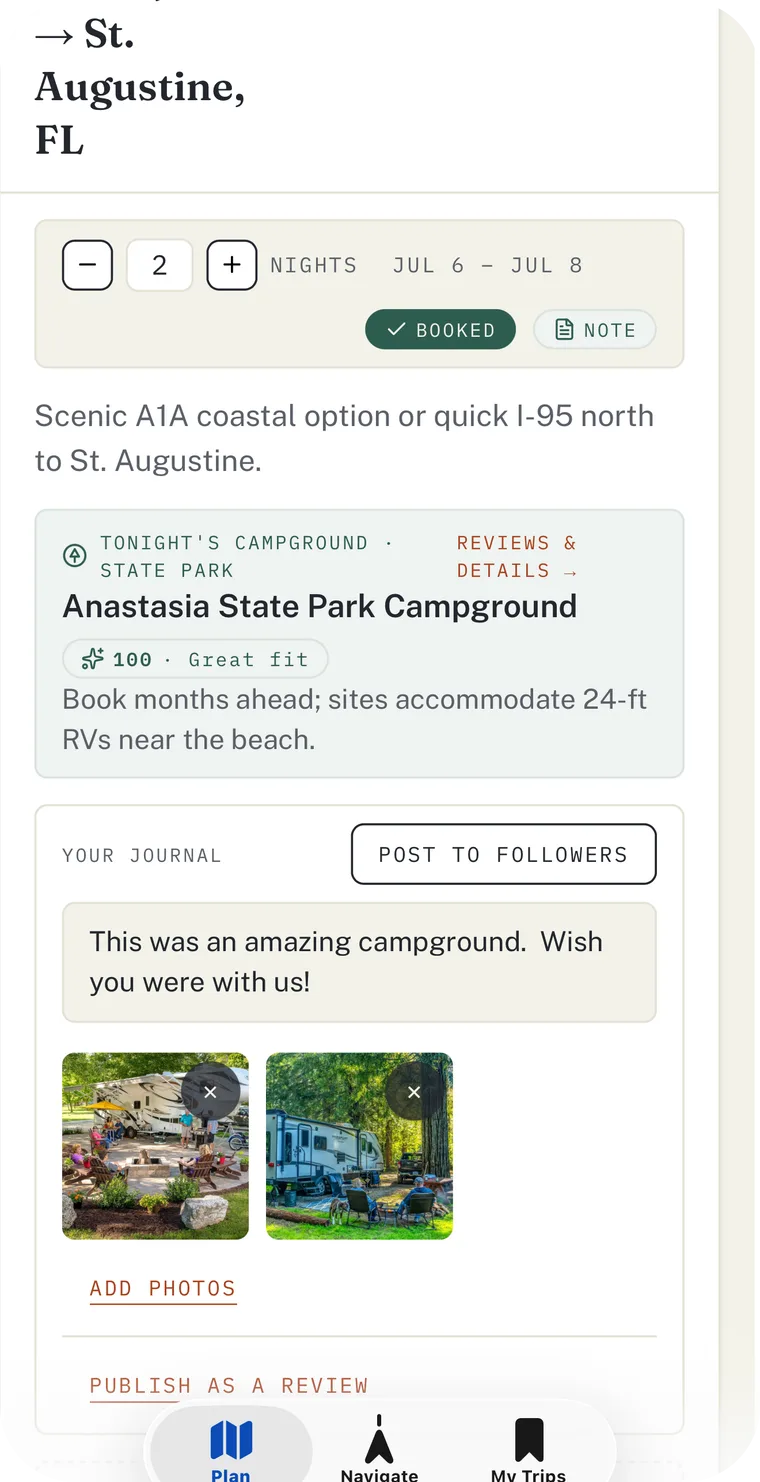 RV Roost Trip Journal on iPhone: a stop at Anastasia State Park Campground with a note, two campsite photos, a Post to Followers button, and Publish as a Review, plus a 100 Great fit Match Score.