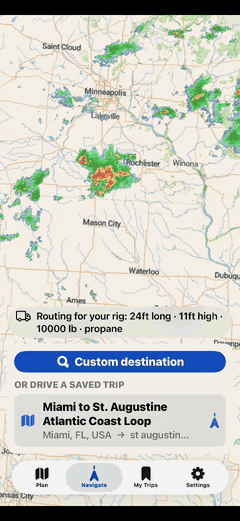 RV Roost Navigate screen: an animated live weather-radar loop over the upper Midwest, above the RV-aware routing profile (24 ft long, 11 ft high, 10,000 lb, propane) and a saved trip ready to drive.
