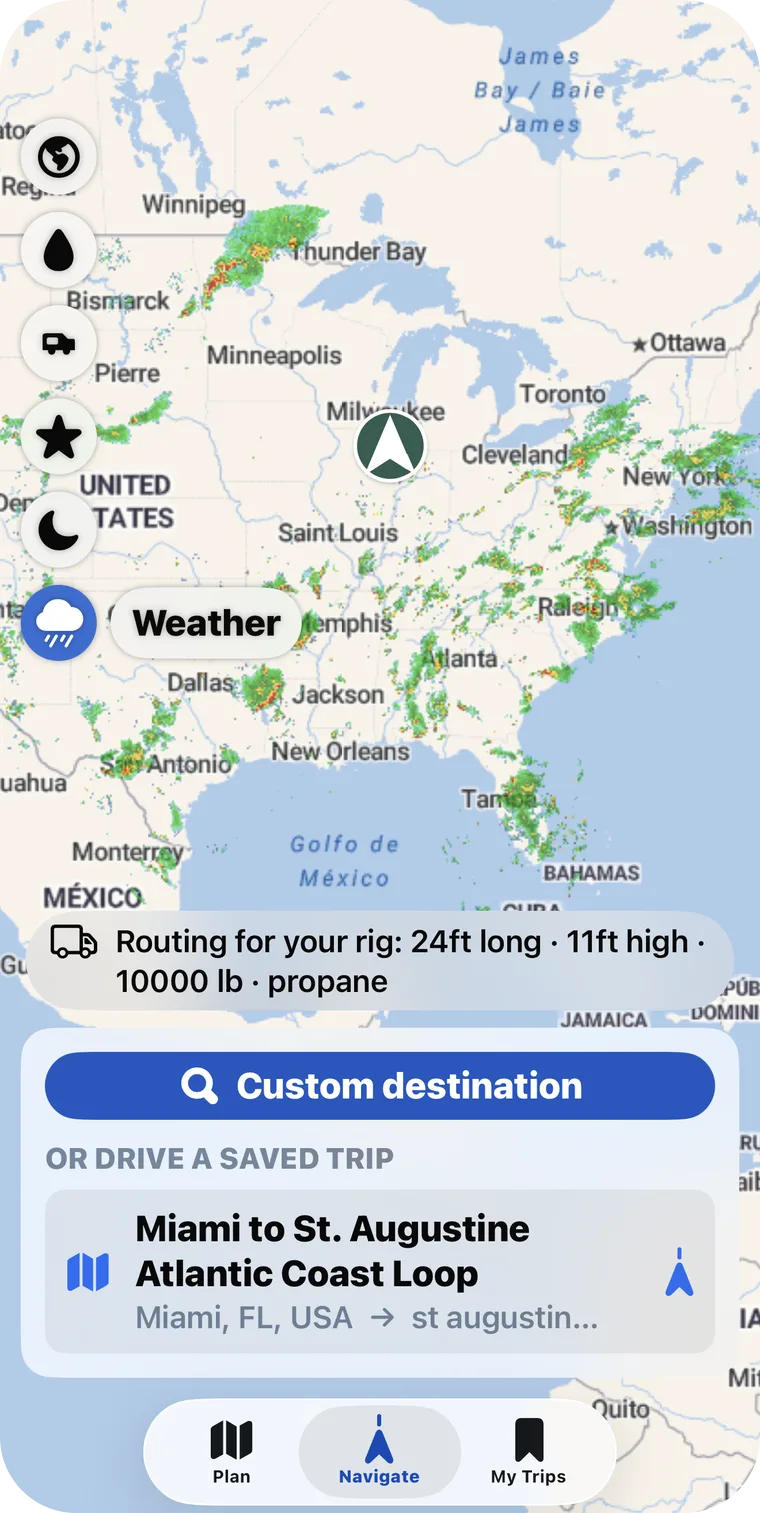 The RV Roost app's Navigate screen showing live weather radar, the map-layer rail (satellite, dump stations, campgrounds, attractions, night mode, and weather), and an RV-aware routing profile above a saved trip.